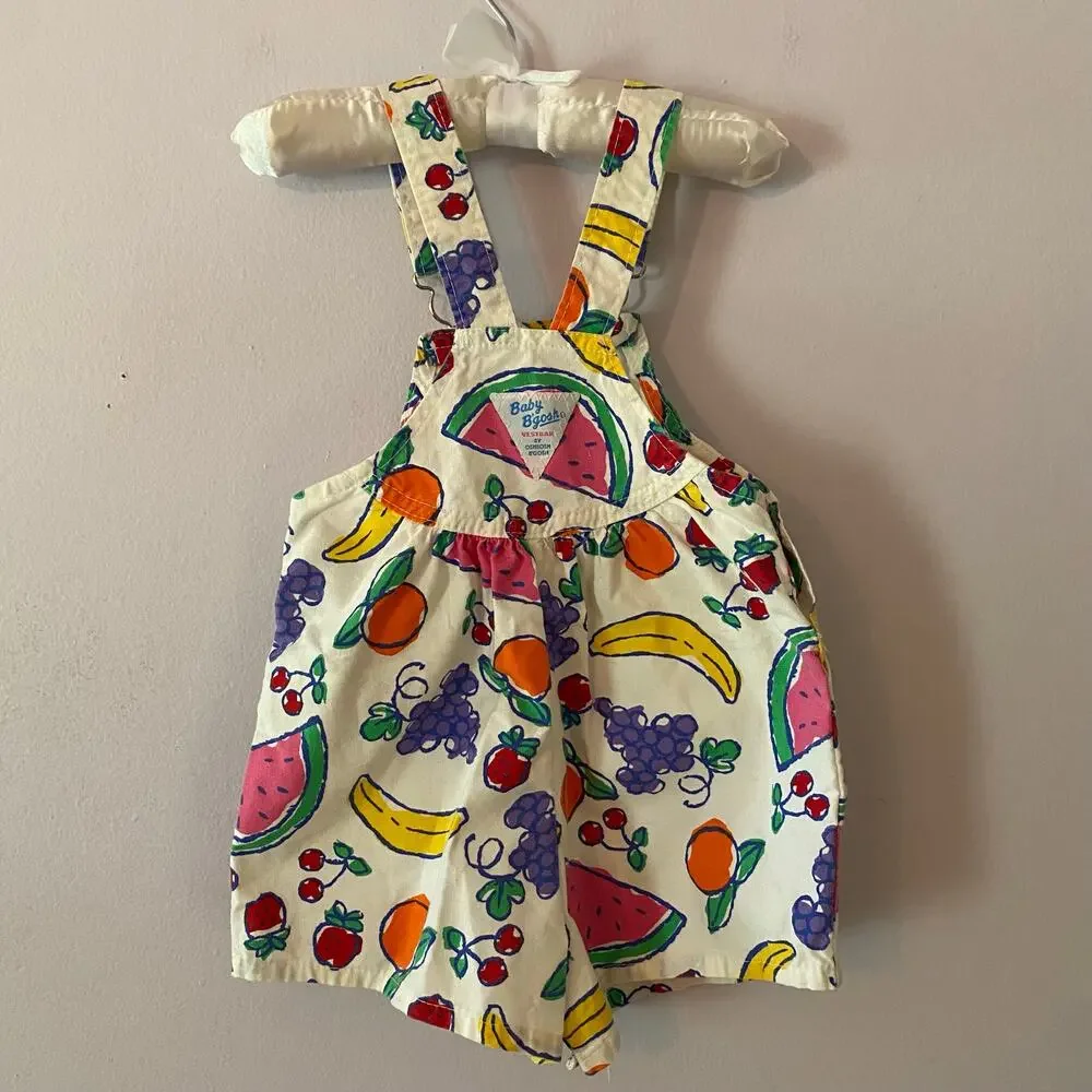 Baby Oshkosh B'Gosh White Colorful Fruit Print Shortalls Overalls Vintage Rare